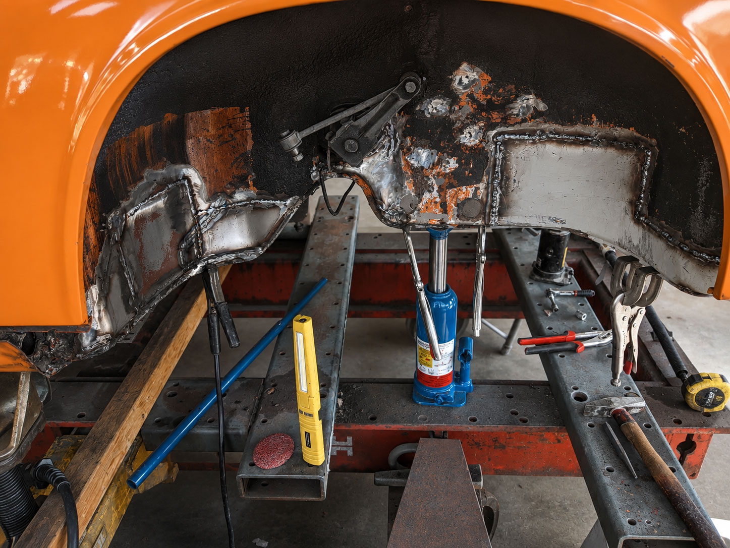 Schadeherstel aan de carrosserie van een Porsche 914 op de richtbank bij Vallei Classics