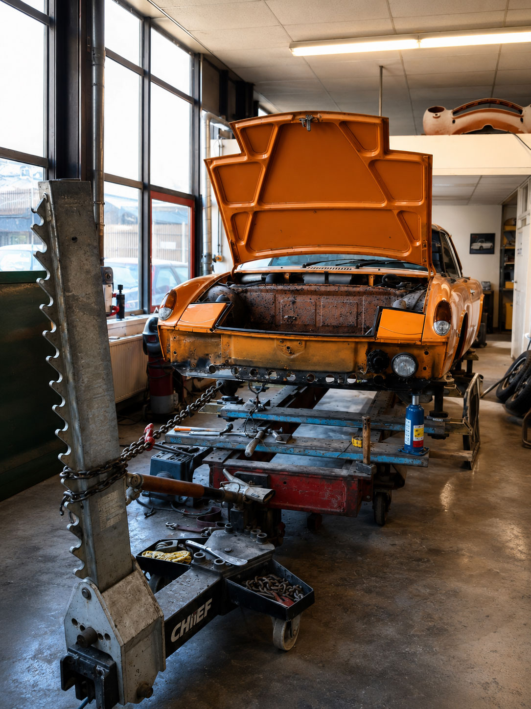 Porsche 914 uit Amerika bij de start van de restauratie in de werkplaats van Vallei Classics